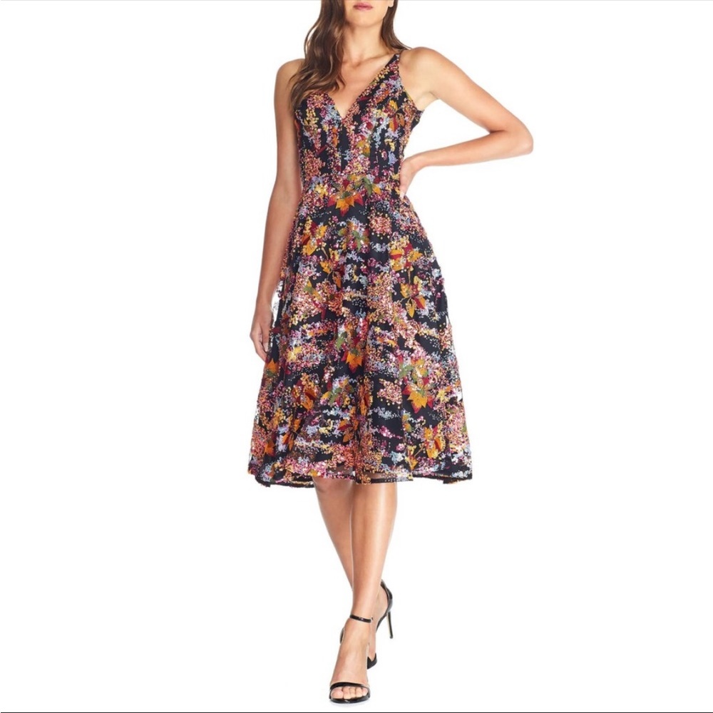 Dress the Population Elisa Sequin Embellished Embroidered Fit & Flare Dress Sz S